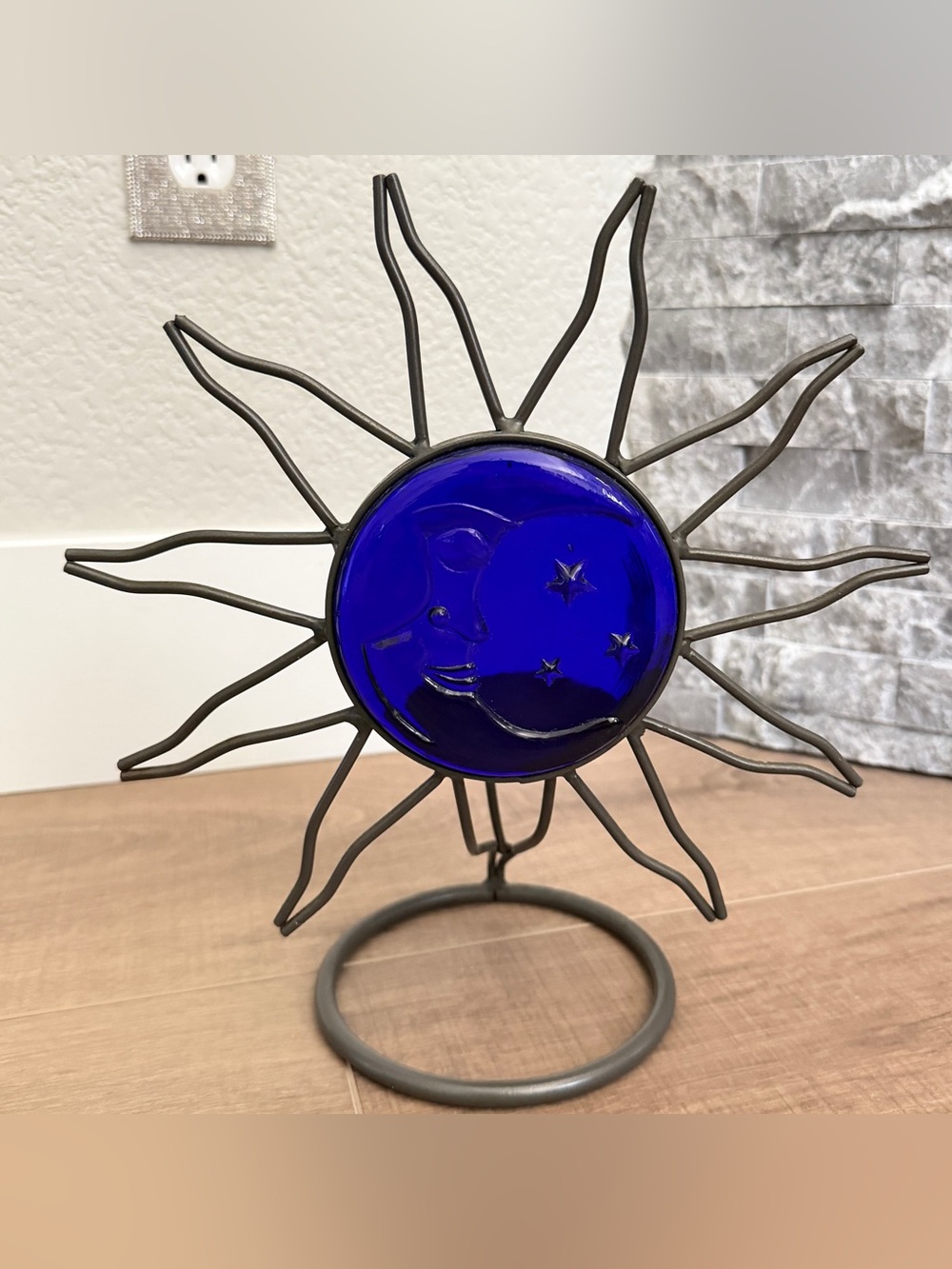 Vintage Blue Cobalt Glass Wrought Iron Candle Holder Celestial Moon Star Sky 11”
